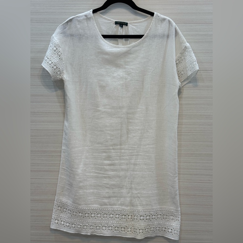 For Cynthia Women’s White Linen Blend Shift Dress with Crochet Lace details Sz M